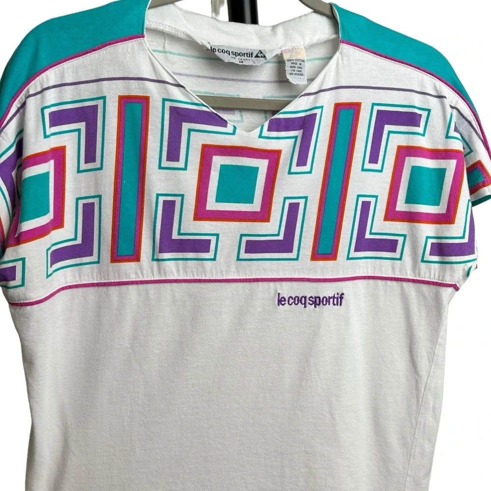 Vintage Le Coq Sportif Size Medium Geometric 80s T Shirt Top Tennis Athletic - Picture 10 of 11
